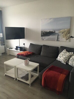 Fernseher, DVD-Player, Tischtennisplatte, Bücher