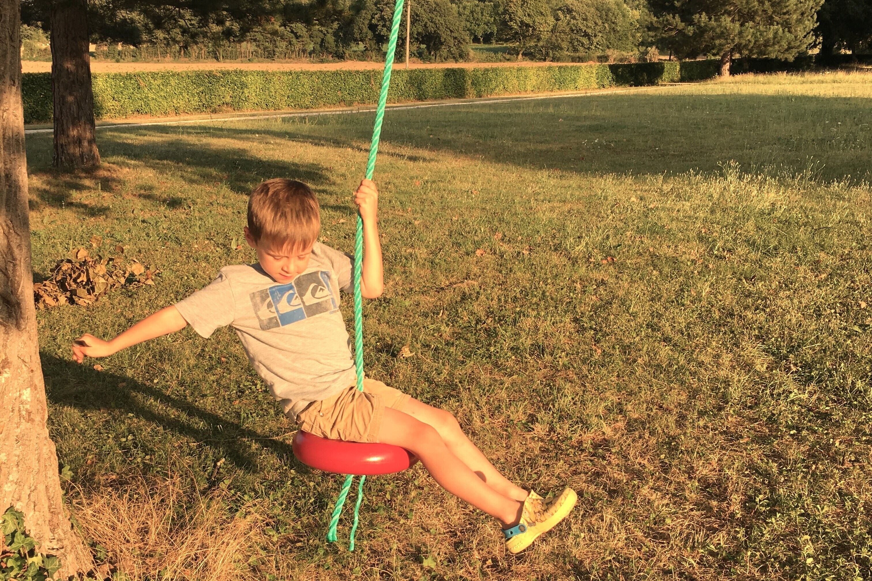 Un enfant sur une balançoire, dans un espace verdoyant d’un parc, avec des arbres et une haie en arrière-plan.