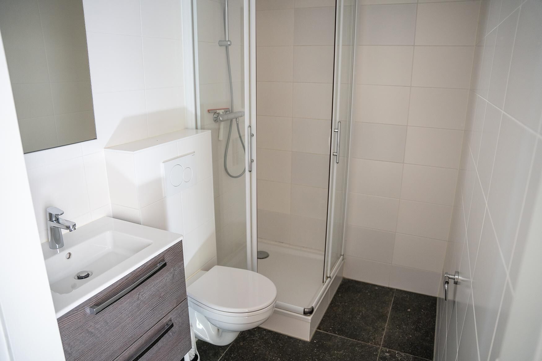 A modern bathroom with a shower, toilet, and sink.