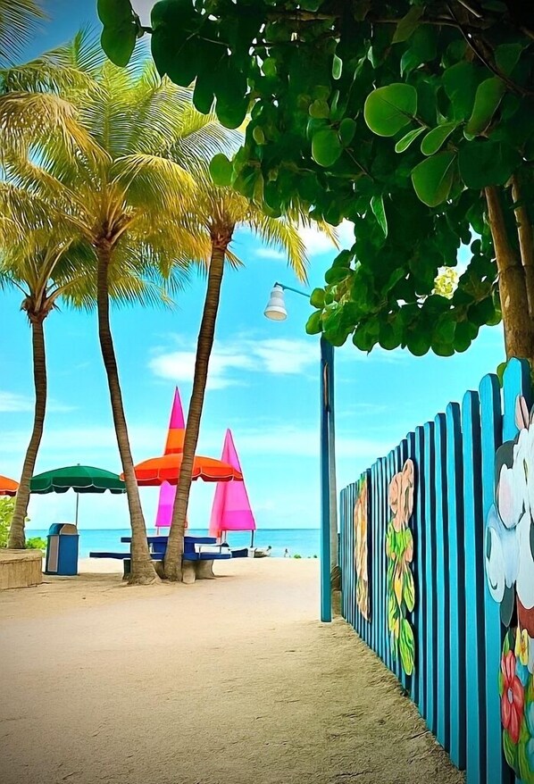 On the beach, sun-loungers, beach towels