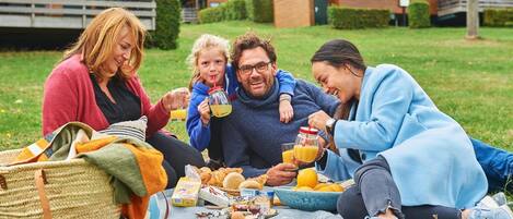 A group of people having breakfast outdoors with a picnic setup.