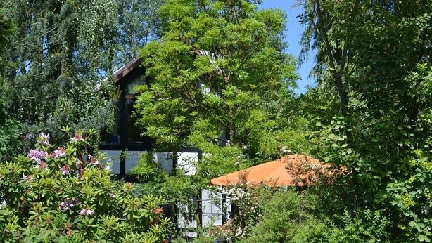 A traditional building with a sloped roof, surrounded by dense greenery and flowering plants. - Stylishly furnished apartment in a modern half-timbered house-children welcome! (Bremen)