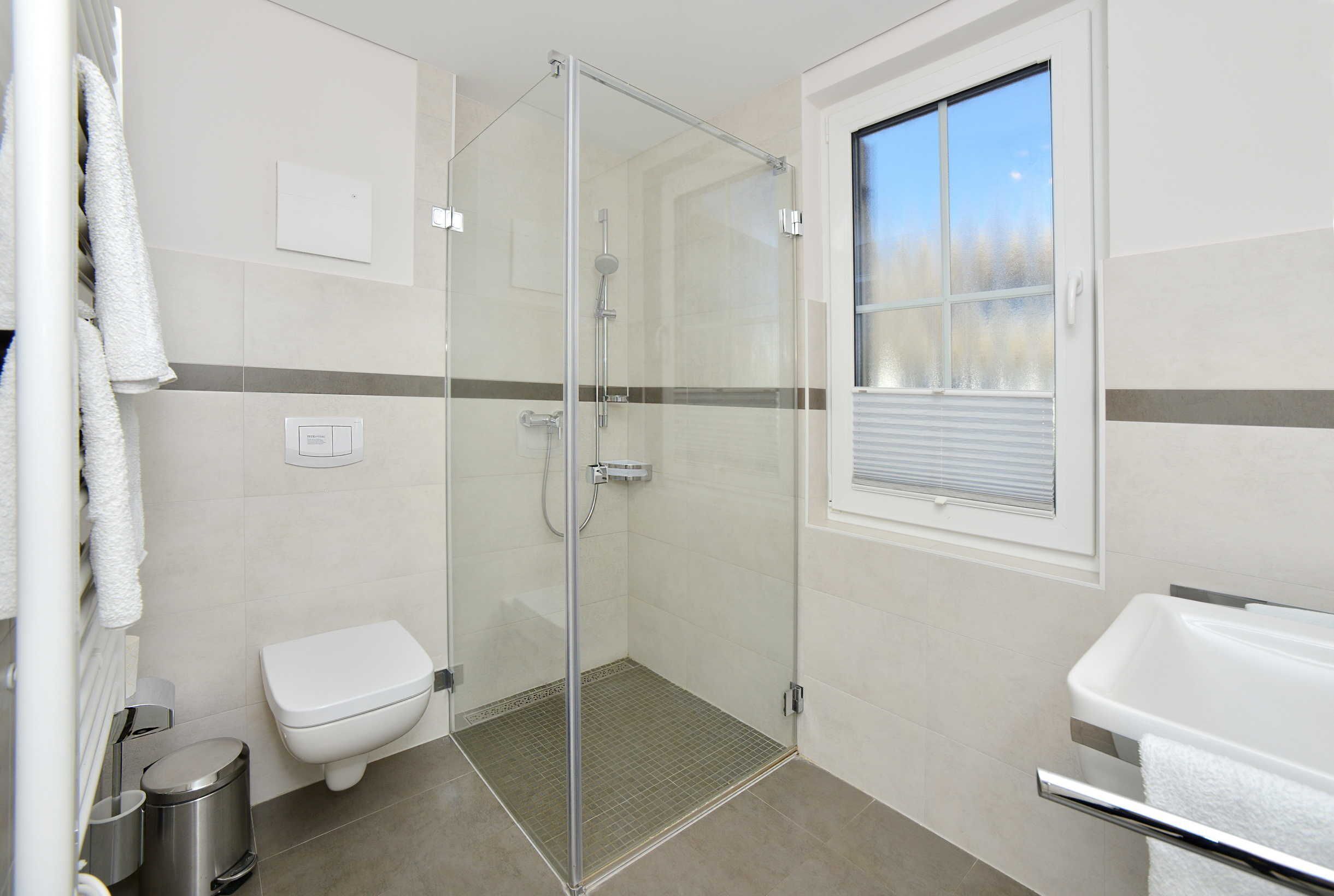 Dusche, Haartrockner, Seife, Toilettenpapier