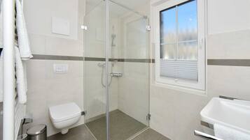 Dusche, Haartrockner, Seife, Toilettenpapier