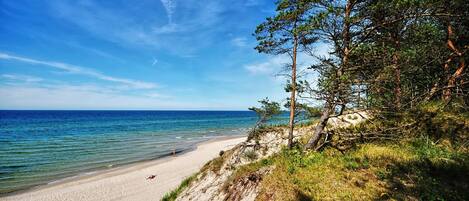 Nära stranden och solstolar