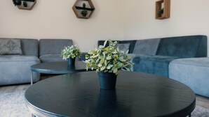 A modern living room with a grey sofa, a round black coffee table with a potted plant, and hexagonal wall shelves with small plants. - Group farm for 20 people (Voorthuizen)