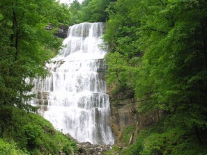 Une cascade à plusieurs niveaux, entourée d'une végétation luxuriante.