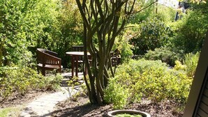 A garden with a wooden bench and table, surrounded by dense foliage and a small stream. - Here you will find harmony for the soul and body, garden & house are inviting (Damp)