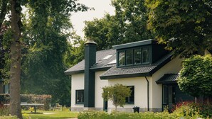 A modern house with a sloped roof, a chimney, and a garden with various plants and flowers. - Group Villa for 24 people (Voorthuizen)