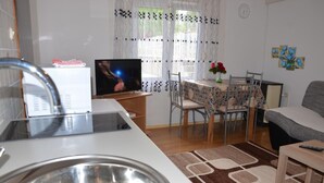 Une cuisine moderne dotée d’un évier en acier inoxydable, d’un coin repas avec une table et des chaises, d’un téléviseur et d’un canapé.