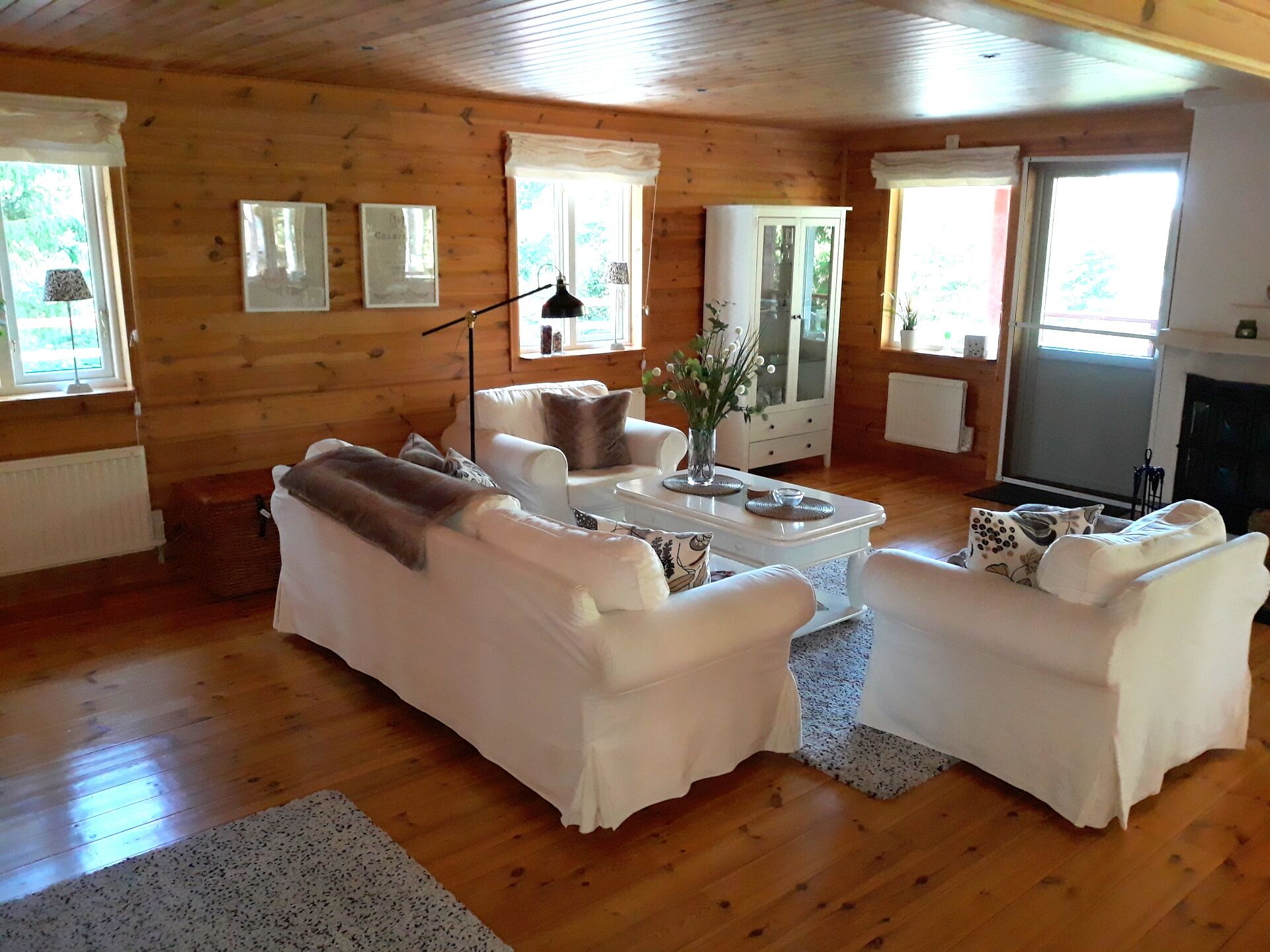 Smart-tv, eldstad, dvd-spelare och böcker