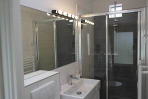 Regadera, secadora de cabello, papel de baño