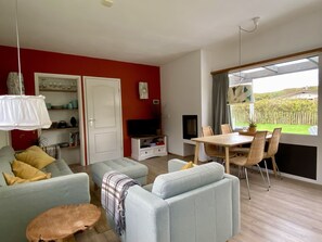 Smart TV, fireplace, books, music library