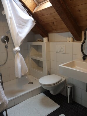Casa de banho com chuveiro, sanita, lavatório e porta-toalhas.