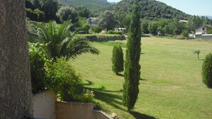 A view from a balcony overlooking a grassy field with trees and a mountain in the background. - comfortable rental type f2 in the heart of the vineyard with swimming pool  (Patrimonio)