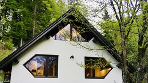 A cabin with a sloped roof, two windows, and a small porch area.