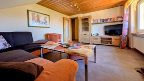 A cozy living room with a wooden ceiling, a sofa, a coffee table, and a TV area with bookshelves.