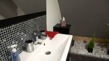 Hair dryer, towels, soap, shampoo