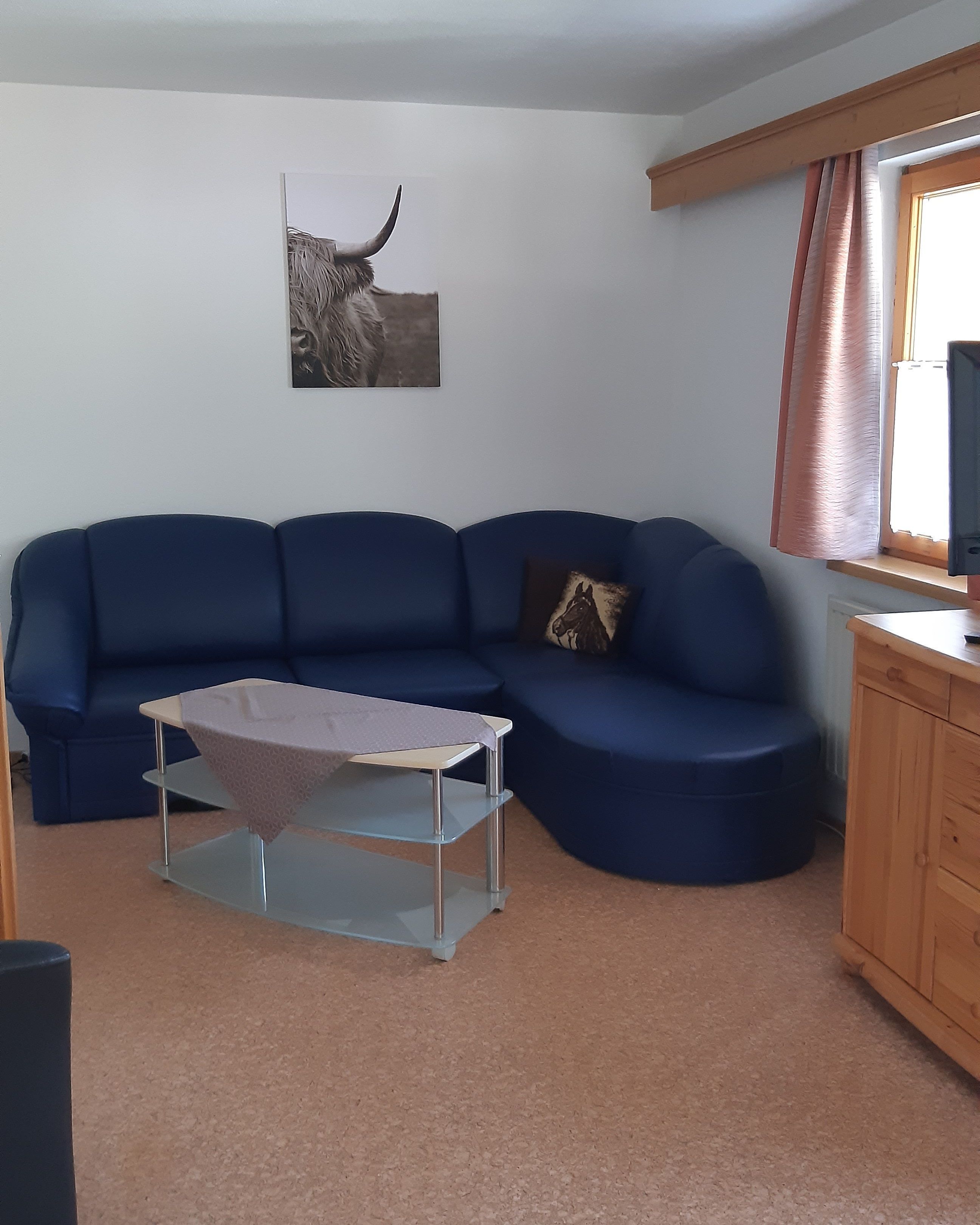 Ein Zimmer mit einem blauen Sofa, einem Glastisch, einem Holzkabinett und einer Wanddekoration mit Pferdemotiv.