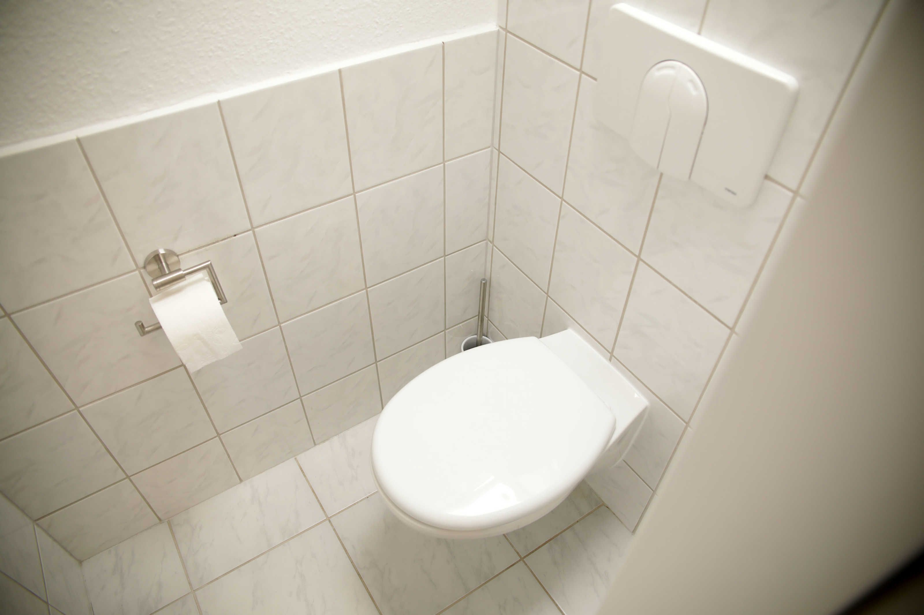 Ein kleines, weißes Badezimmer mit Toilette, Toilettenpapierhalter und wandmontiertem Bidet.