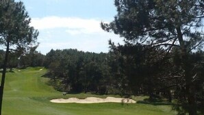 A golf course with sand bunkers, trees, and a clear sky.