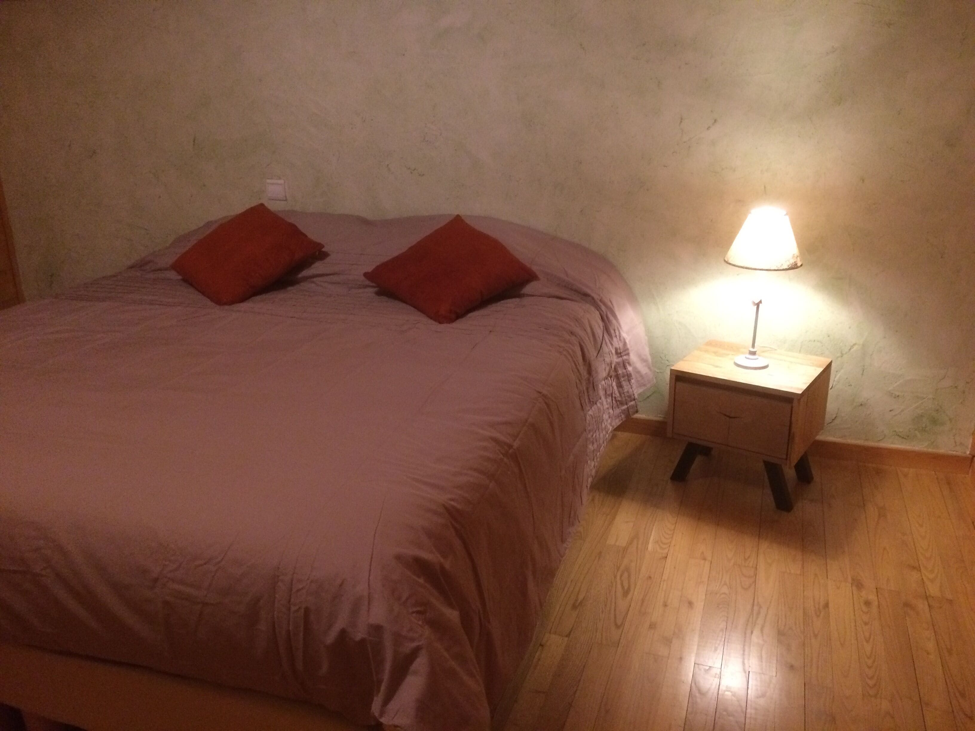 A bedroom with a bed, two red pillows, a nightstand with a lamp, and wooden flooring.