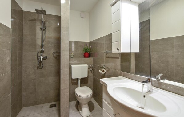 Et moderne badeværelse med bruser, toilet og vask.