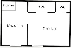 A floor plan with labeled rooms: Escaliers, SDB, WC, Mezzanine, and Chambre.
