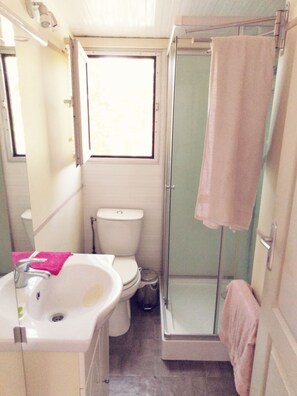 Dusche, Haartrockner, Handtücher, Shampoo