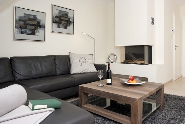 Fernseher, Kamin, DVD-Player, Bücher