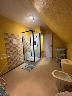 Douche, sèche-cheveux, bidet, papier toilette