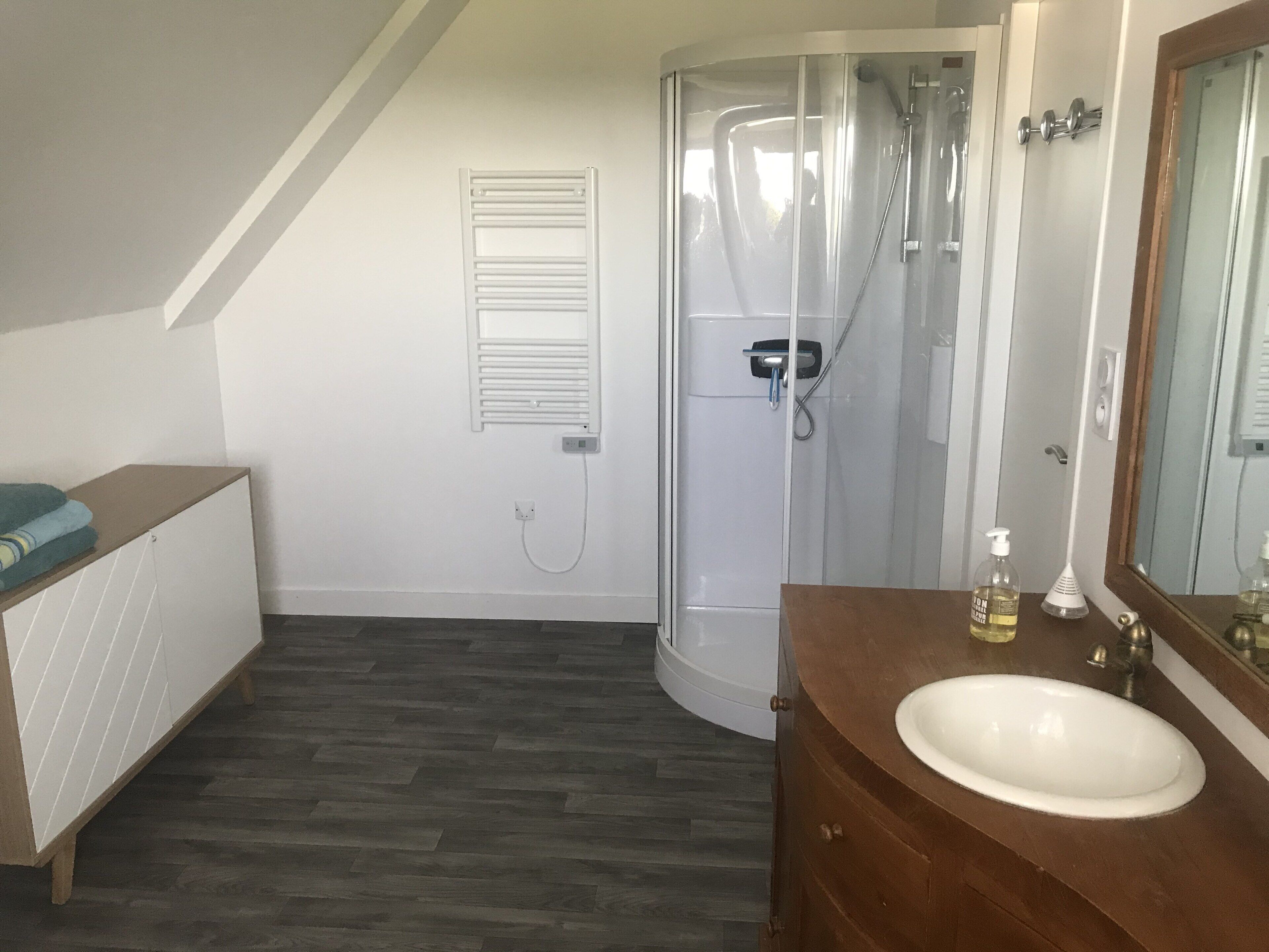 Ein Badezimmer mit Dusche, Waschbecken und Spiegel.
