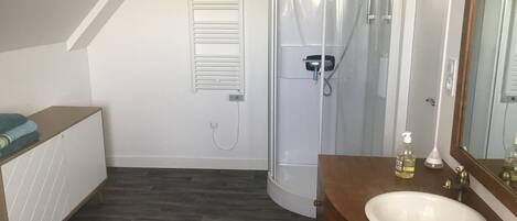 Ein Badezimmer mit Dusche, Waschbecken und Spiegel.