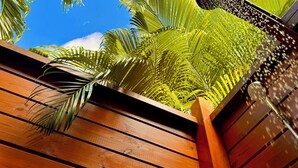 A wooden deck with a garden hose spraying water, surrounded by lush green palm leaves.