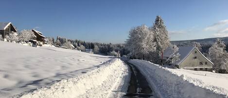 A snow-covered landscape with a narrow road, wooden houses, and snow-laden trees.