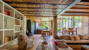 Un salon chaleureux avec un plancher en bois, un canapé, une table basse et des étagères à livres.