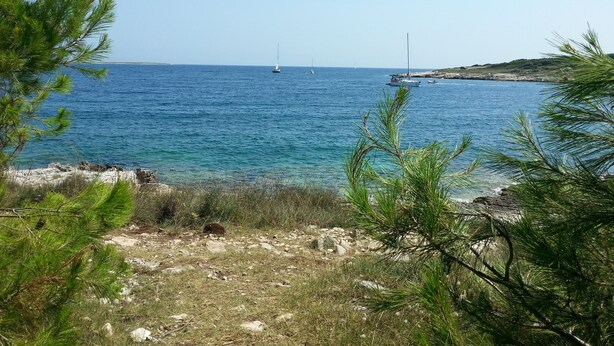 Paisagem costeira com mar azul límpido, costa rochosa e vegetação escassa.