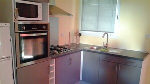 Una cucina compatta con microonde, forno, piano cottura a gas, lavello e pensili.