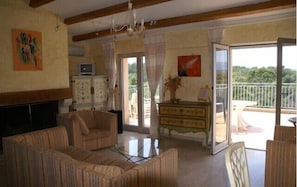 Télévision, cheminée, lecteur de DVD, chaîne hi-fi