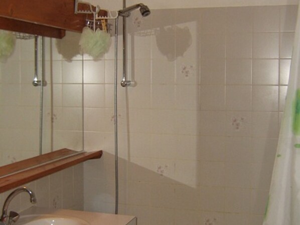 Une salle de bain avec un lavabo, un miroir et une douche.