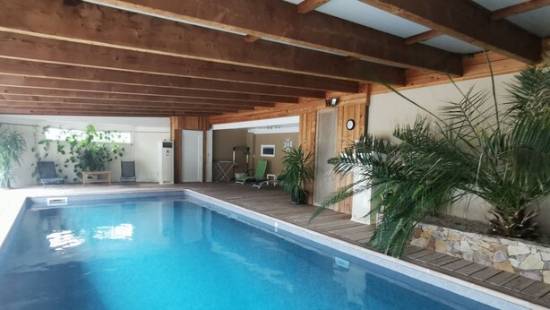 Ein Innenpool mit Holzbalken, einer Steinwand und Blumentöpfen.