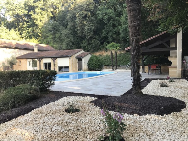 A heated pool, pool loungers