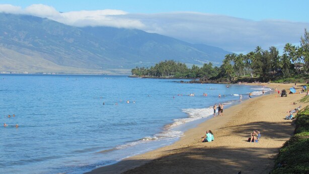 A beach with clear blue water, people swimming and sunbathing, and mountains in the background. - Maui Vista -  Fully Renovated, New Kitchen and Bathroom.  Best Location. (Kihei)