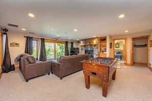 Smart TV, fireplace, DVD player, foosball