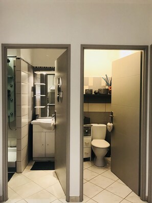 Douche, séchoir à cheveux, serviettes fournies