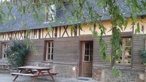 Ein rustikales Gebäude mit Holzfassade, einem Picknicktisch und Kiesfläche.