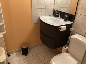 Bañera con ducha, secador de pelo, toallas, papel higiénico