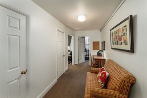 Flat-screen TV, fireplace, DVD player, stereo