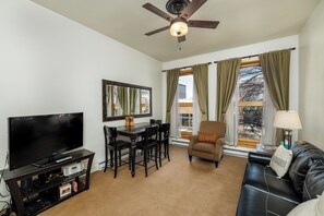 Télévision à écran plat, cheminée, lecteur de DVD, chaîne hi-fi