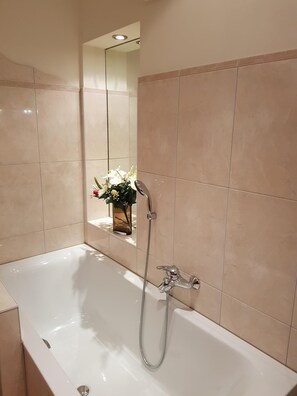 Baignoire, sèche-cheveux, serviettes fournies, savon